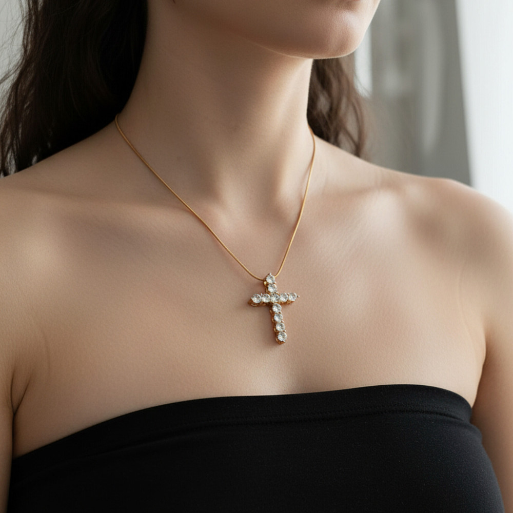 Цепь жгутик с подвеской "Крестик с фианитами" из ювелирной стали с золотым покрытием 750 пробы фото-3 Цепь жгутик с подвеской "Крестик с фианитами" из ювелирной стали с золотым покрытием 750 пробы фото-3