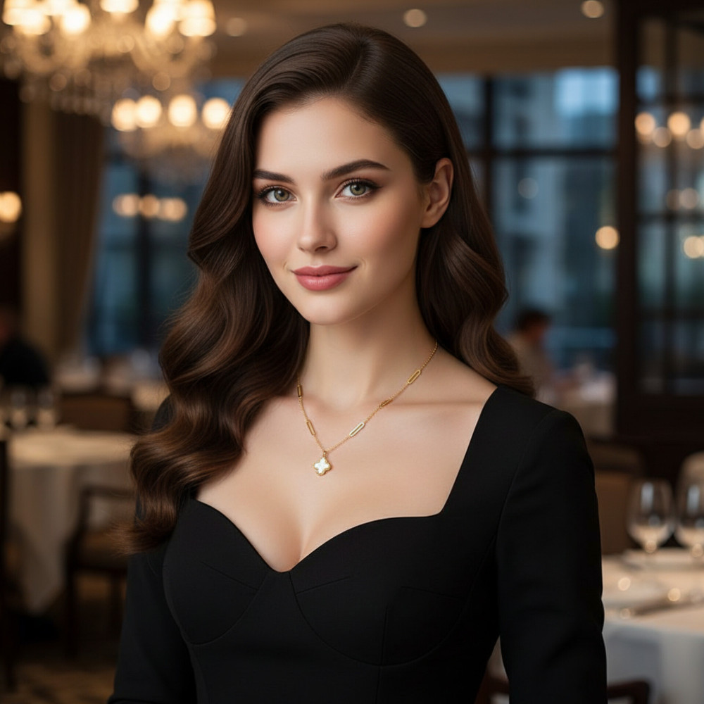 Цепь с двухсторонней подвеской "Черный агат и белый перламутр, клевер" из ювелирной стали с золотым покрытием 750 пробы - фото1