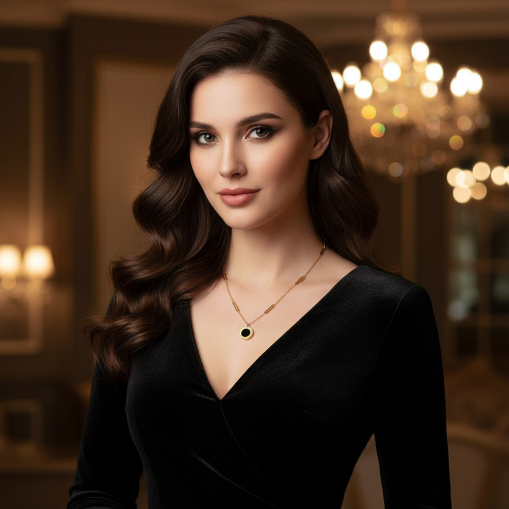 Цепь с двухсторонней подвеской "Черный агат и белый перламутр, круг" из ювелирной стали с золотым покрытием 750 пробы - фото1