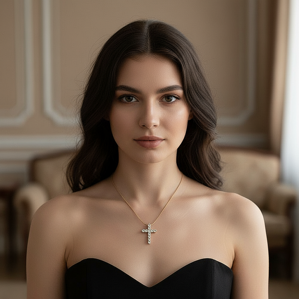 Цепь жгутик с подвеской "Крестик с фианитами" из ювелирной стали с золотым покрытием 750 пробы - фото1