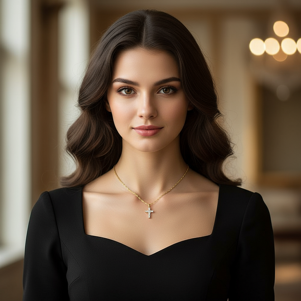 Цепь с подвеской "Крестик с фианитами" из ювелирной стали с золотым покрытием 750 пробы - фото1