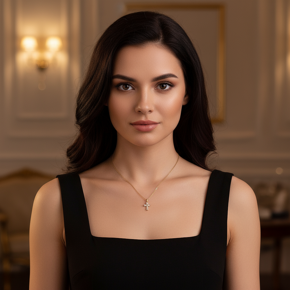 Цепь с подвеской "Крестик с фианитами" из ювелирной стали с золотым покрытием 750 пробы - фото1