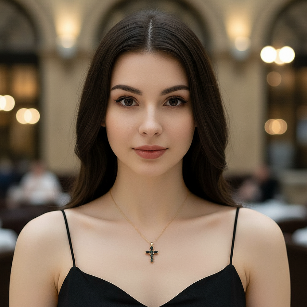 Цепь с подвеской "Крестик с чёрными фианитами"  из ювелирной стали с золотым покрытием 750 пробы - фото1