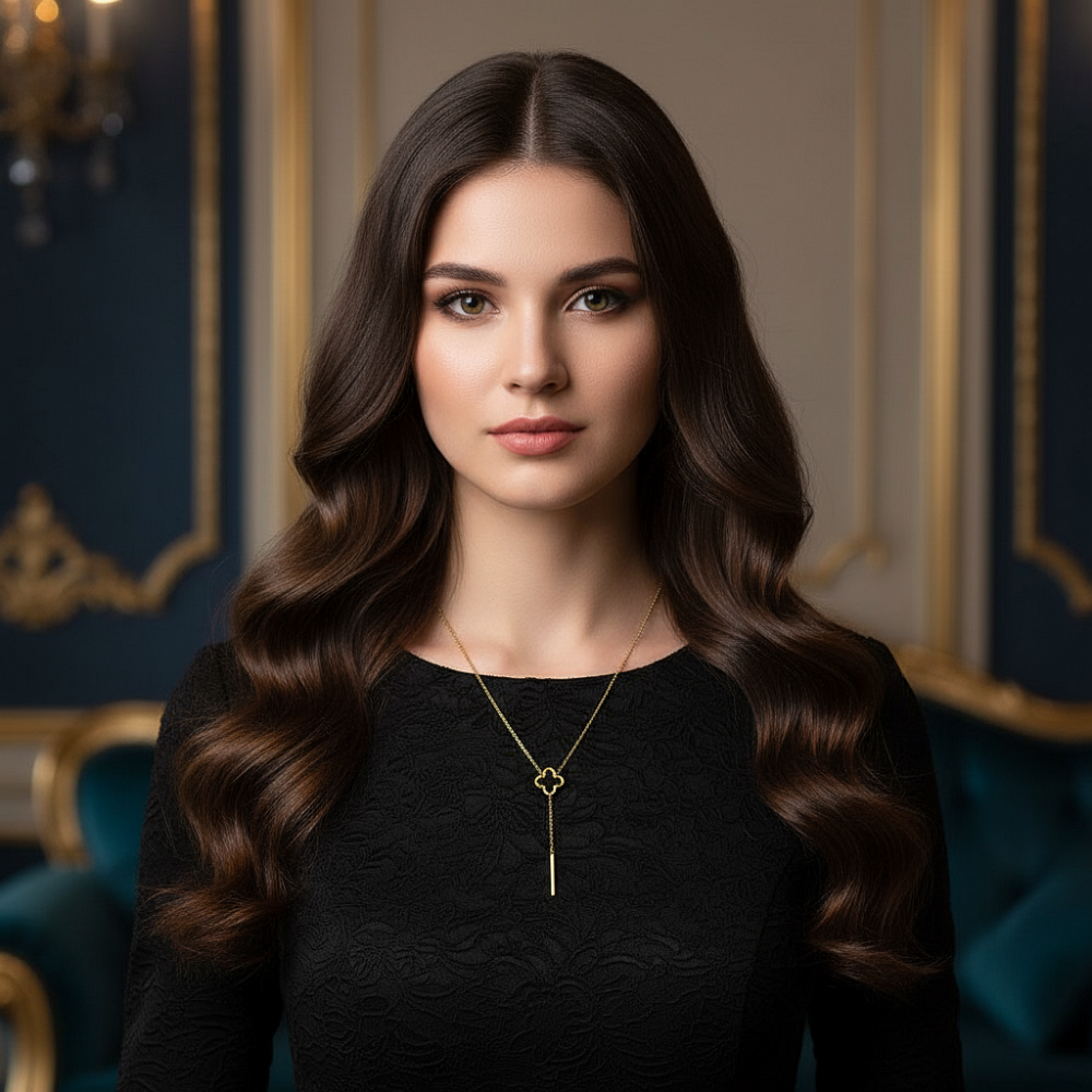 Цепь с подвеской "Черный агат клевер" из ювелирной стали с золотым покрытием 750 пробы - фото1