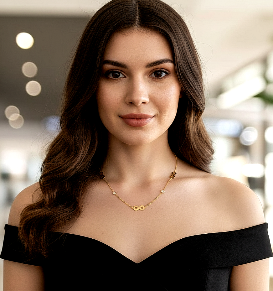 Цепь "Бесконечность с фианитами" из ювелирной стали с золотым покрытием 750 пробы - фото1