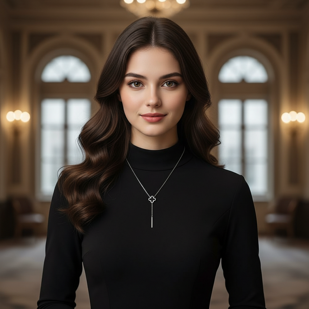 Цепь с подвеской "Черный агат клевер" из ювелирной стали, цвет серебро - фото1