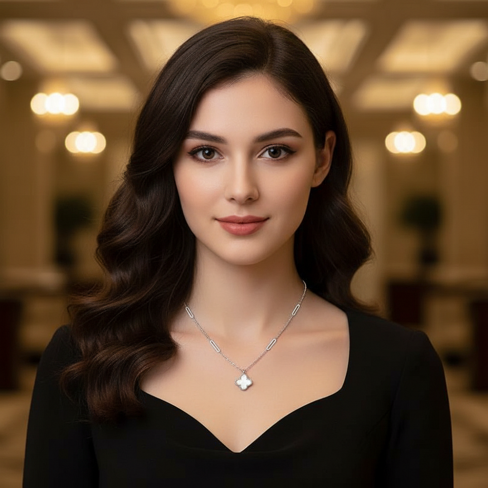 Цепь с двухсторонней подвеской "Черный агат и белый перламутр, клевер" из ювелирной стали, цвет серебро - фото1