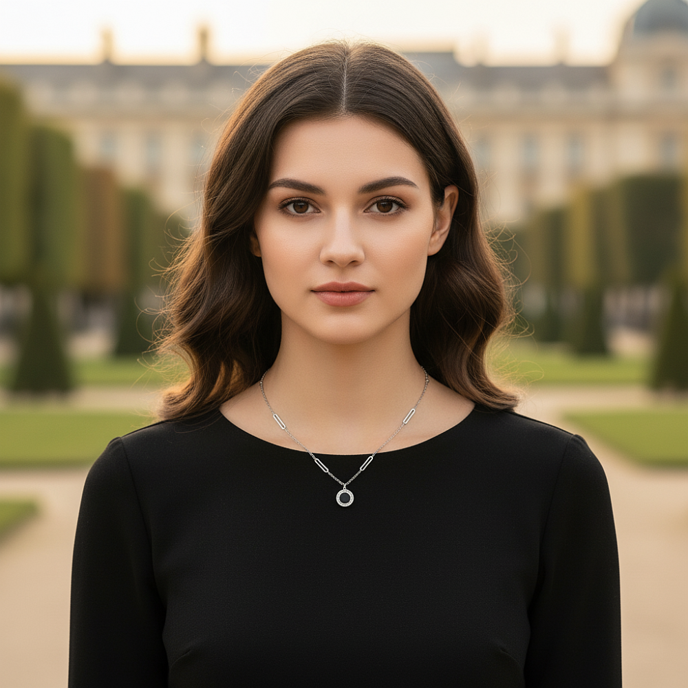 Цепь с двухсторонней подвеской "Черный агат и белый перламутр, круг" из ювелирной стали, цвет серебро - фото1