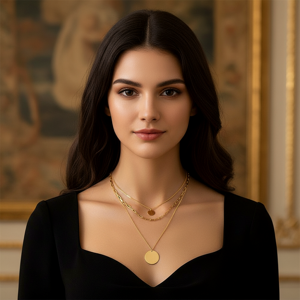 Цепь тройная с подвесками "Круг" из ювелирной стали с золотым покрытием 750 пробы - фото1