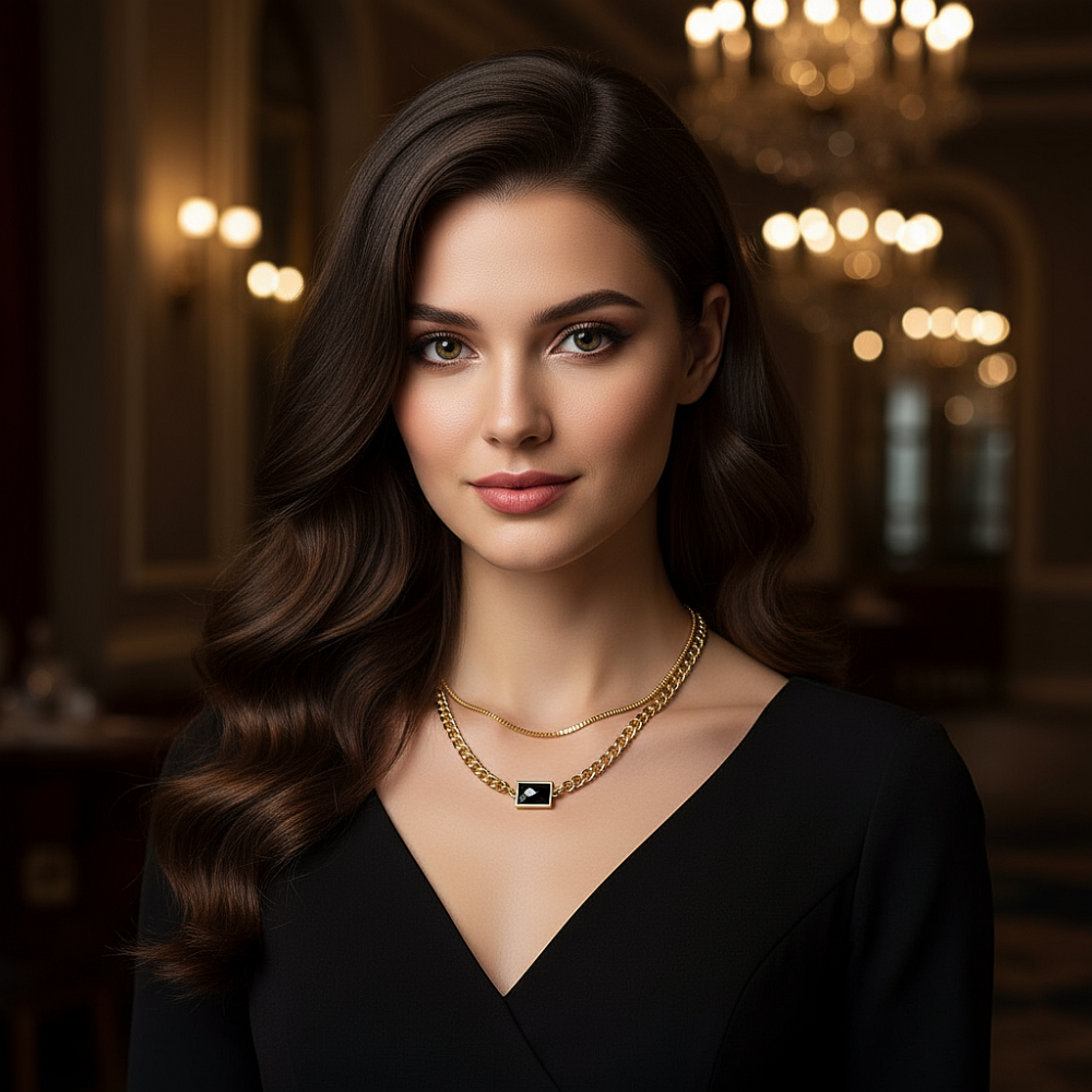 Цепь двойная с подвеской " Черный фианит" из ювелирной стали с золотым покрытием 750 пробы - фото1