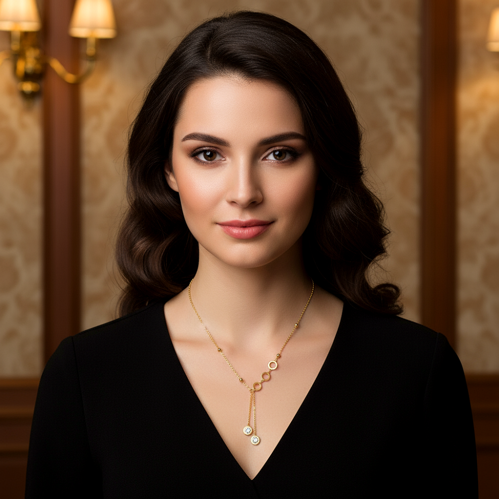 Цепь с двойной подвеской с фианитами из ювелирной стали с золотым покрытием 750 пробы - фото1